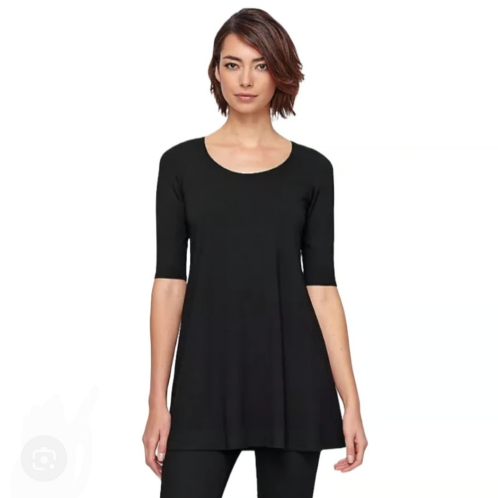 EILEEN FISHER Linen Slub Round Neck Tunic Elbow Sleeve In Black Size XS